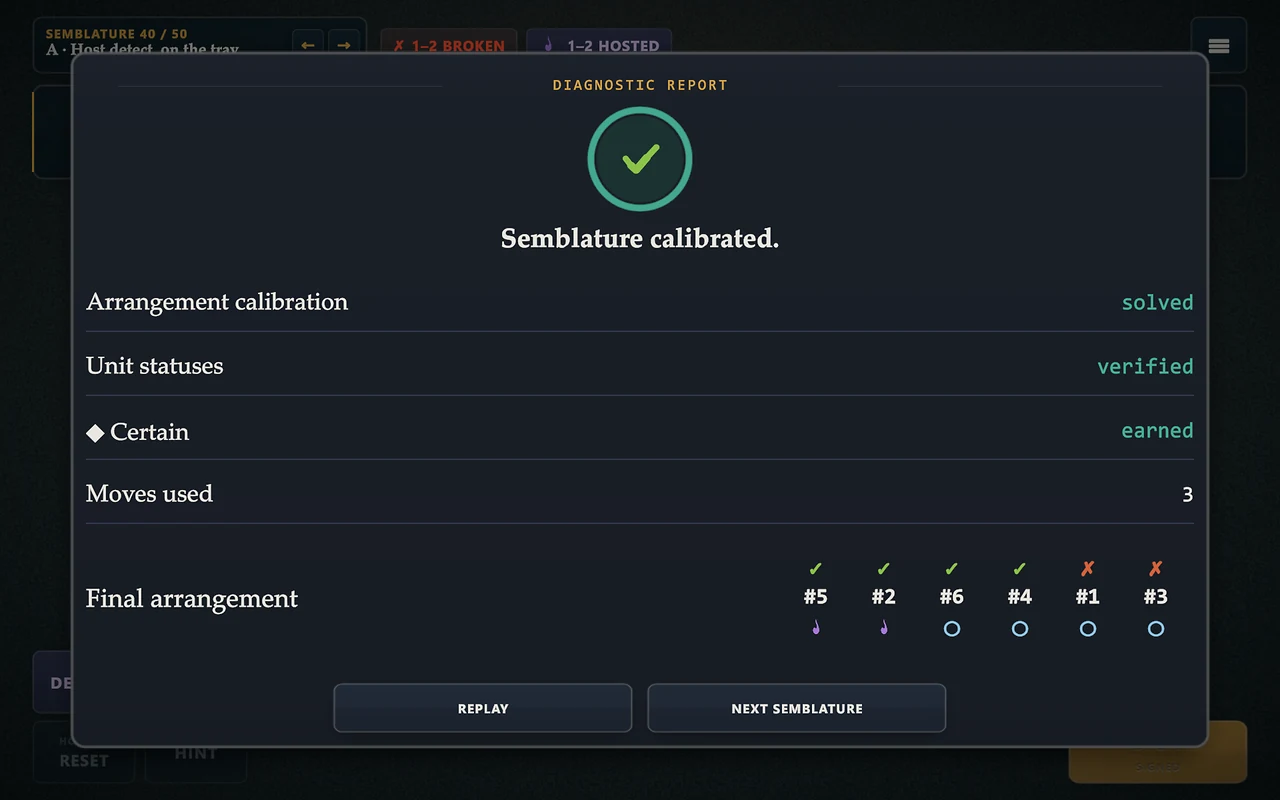 The diagnostic report: arrangement solved, unit statuses verified, Certain earned, three moves used, and the final order of six units.
